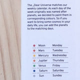 Die Erklärung von Grapat Dear Universe auf Englisch, welche Planeten die Namen der Wochentage widergeben.