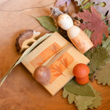 Das Spiele- und Forscherset für Kinder "Hello Autumn" von Grapat und Ostheimer liegt neben herbstlichen Blättern auf dem Tisch. Der Igel, die beiden Holzpilze, die Nins Spielfigur und die kleine Blätterpresse.