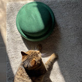 Der Stapelstein Original in Dunkelgrün liegt auf einem grauen Teppich, daneben eine getigerte Katze.