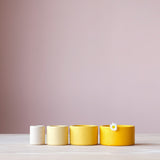 Die vier gelben Grapat "Nest Bowls" Holzbecher in den vier Farbabstufungen und Größen nebeneinander aufgestellt.