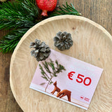 Ein Gutschein im Wert von 50 Euro von Kokomoo in Papierform liegt in einer Holzschale, daneben Zapfen und ein Fichtenzweig.