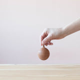 Ein Arm weiblicher Arm reicht von rechts ins Bild und hält die Rassel am Stiel in die Kamera.